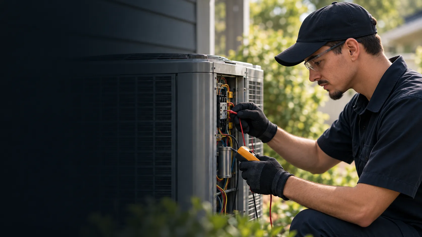 Illustrative technician checking an outdoor cooling unit.