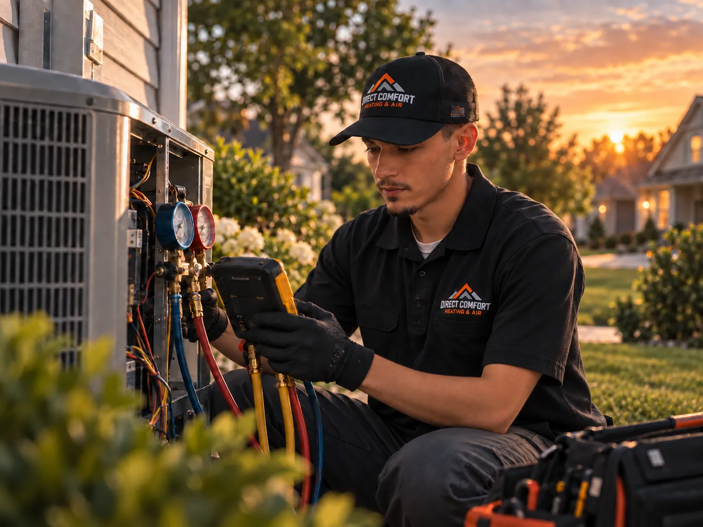 Illustrative technician measuring an outdoor cooling unit.