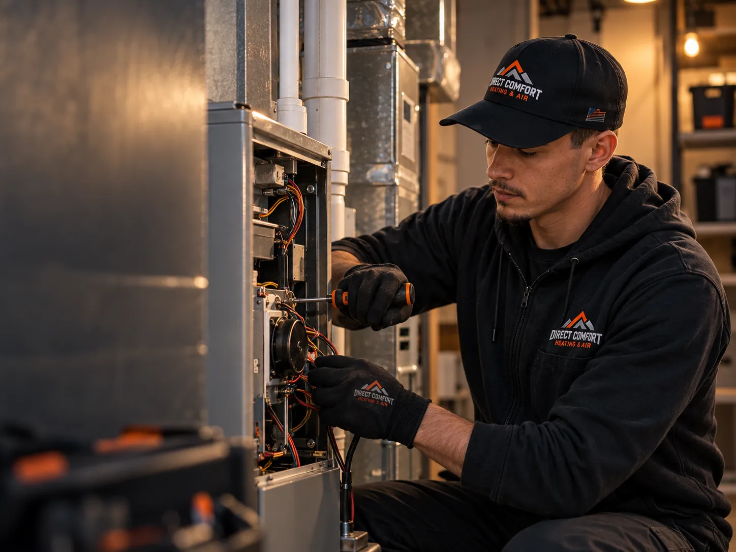Illustrative technician inspecting an indoor heating system.
