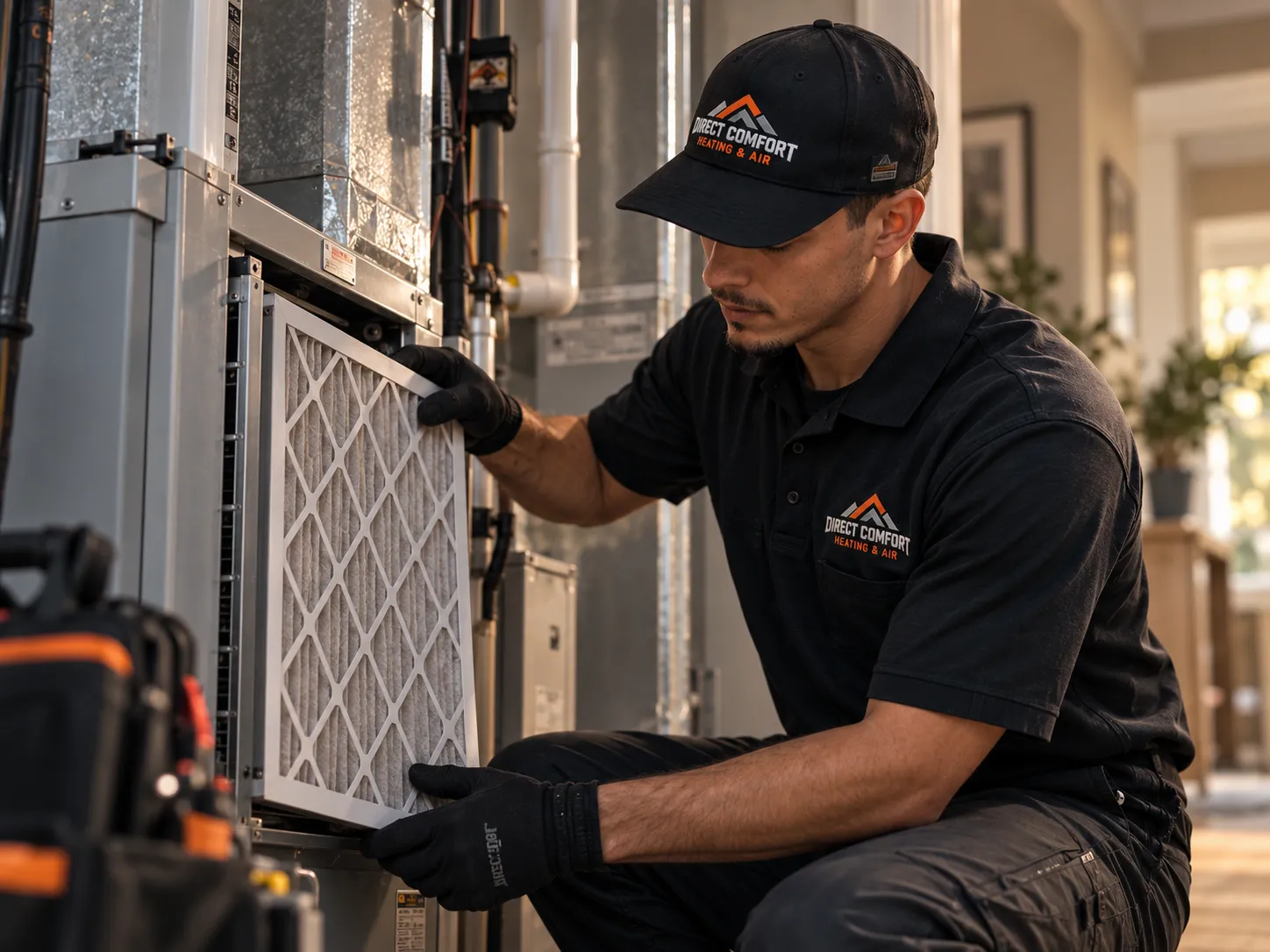 Illustrative technician fitting an air filter.