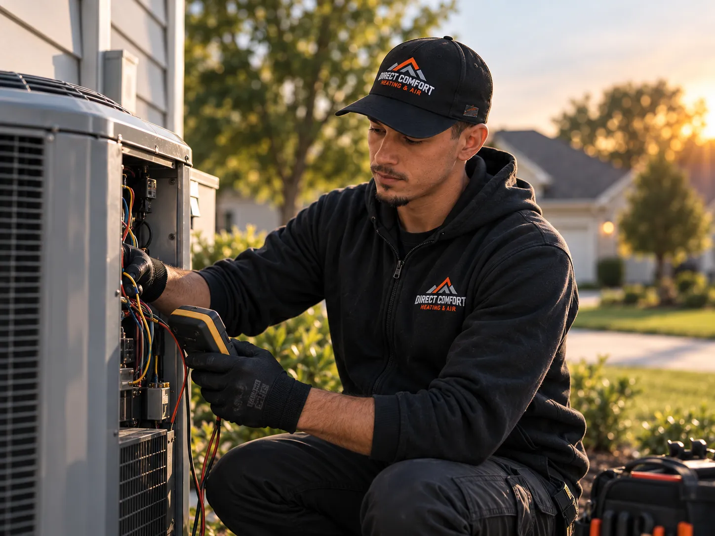 Illustrative technician inspecting an outdoor HVAC unit.