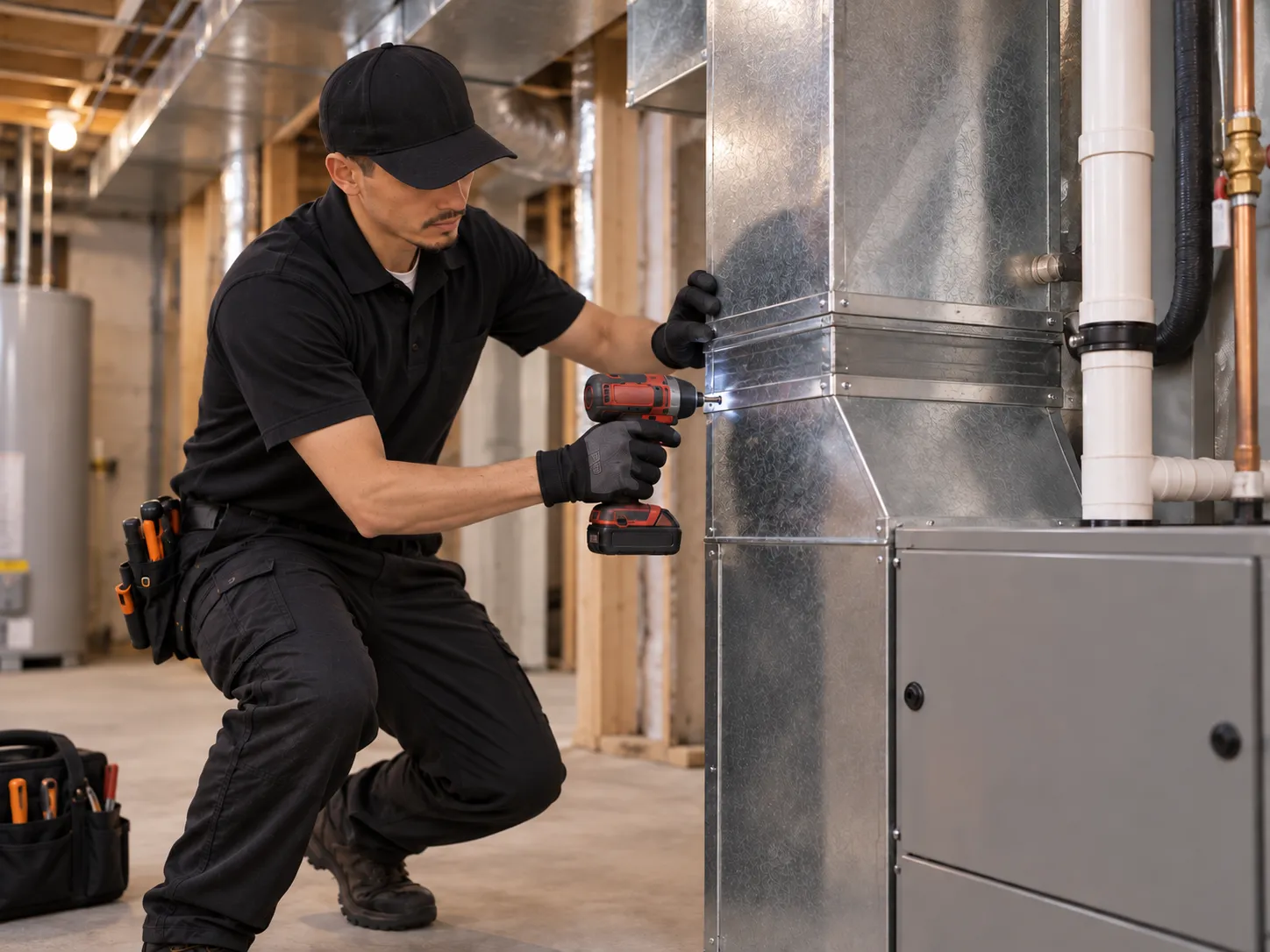Illustrative technician fastening ductwork during an indoor HVAC installation.